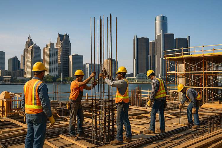 Construction workers building infrastructure along the Detroit River with the city skyline in the background, symbolizing economic renewal and workforce development.