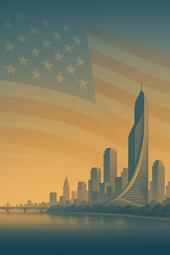Futuristic cityscape of Detroit with a spiraling skyscraper, American flag overlay, and sunset sky—symbolizing urban transformation and national renewal.