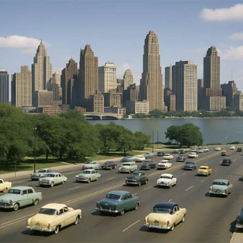 Historic photo of 1950s Detroit skyline with classic Art Deco skyscrapers, vintage cars on a busy road, and Belle Isle bridge in the background.