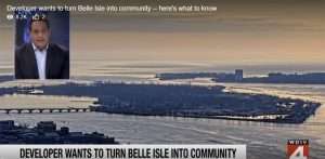 Screenshot of a YouTube video discussing the $50B Belle Isle Freedom City development plan in Detroit